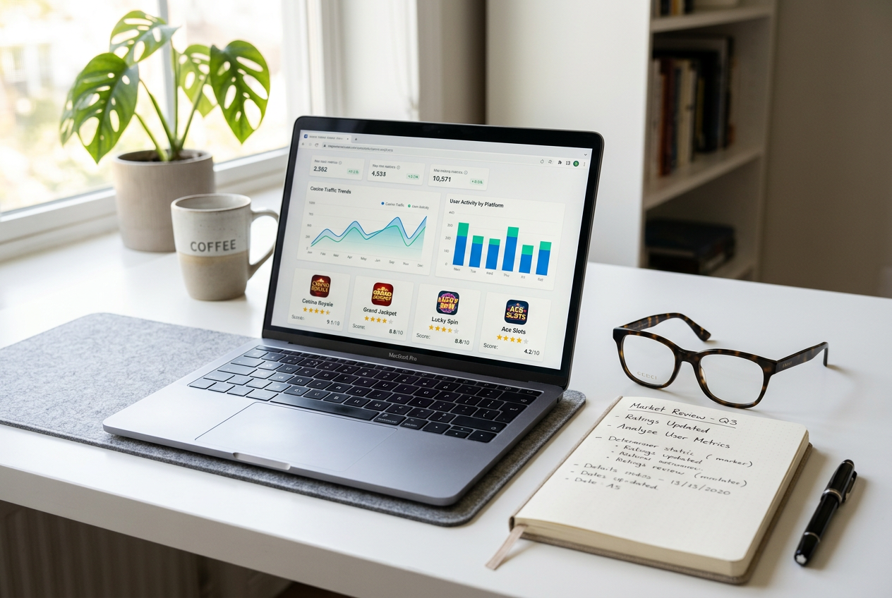 A professional desk with a laptop and analytical charts.